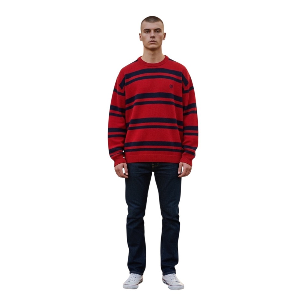 Chaps Mens Sweater XL Striped Crew‎ Neck Red Blue Pullover Knitwear Casual